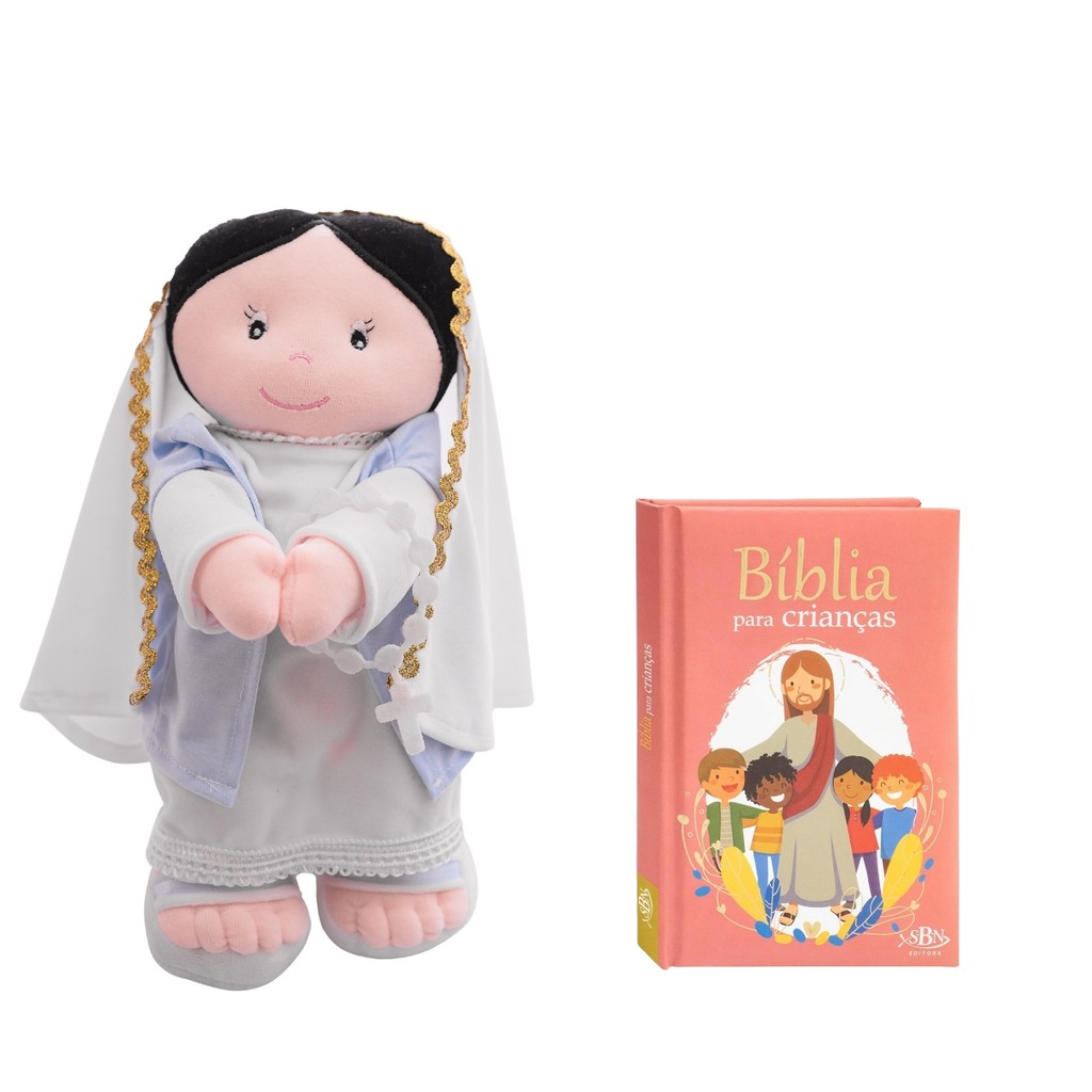 Kit Bíblia Infantil Rosa Religioso Para Crianças Com Boneca De Pano Artesanal Virgem Maria Antialérgico Macio Educativo