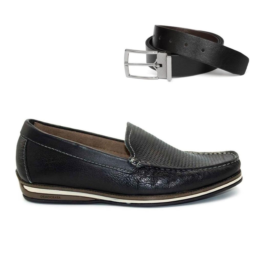 Mocassim De Couro Democrata Easy Ted 135201+Cinto Masculino Dupla Face