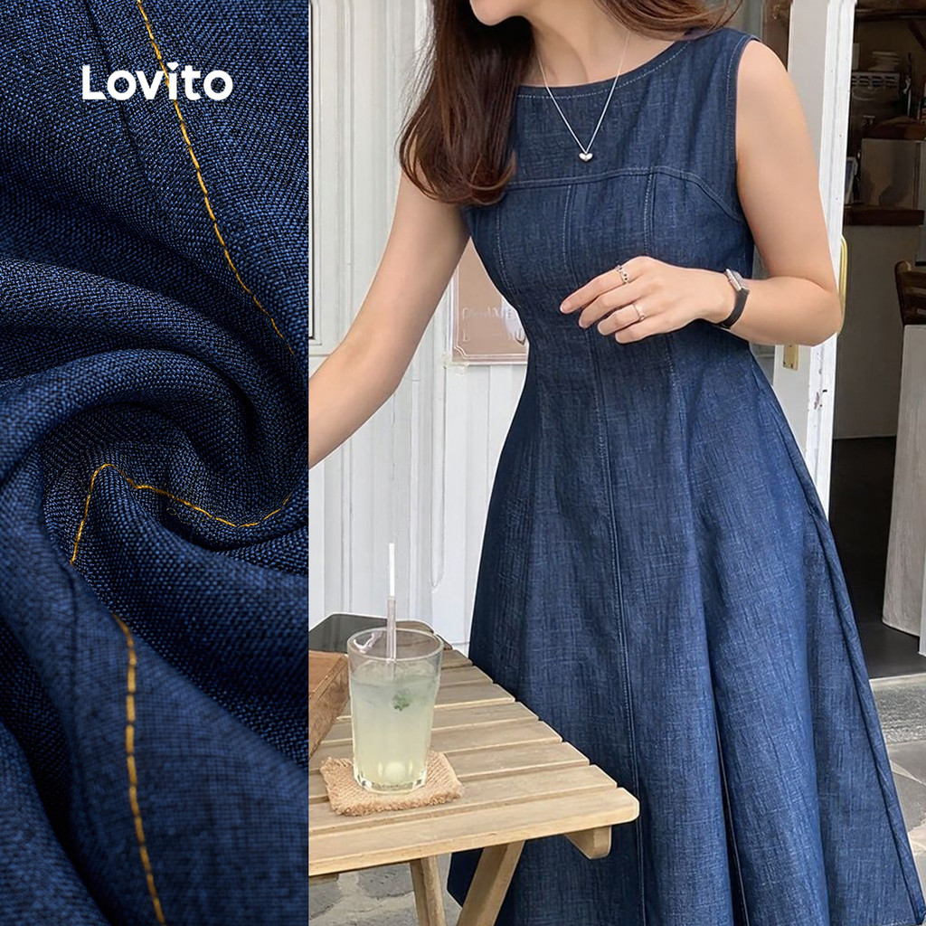 Lovito Vestido Casual Lavagem Crua Primavera/verão Azul Escuro Vestido para Mulheres L164ED376 em Oferta na Shopee