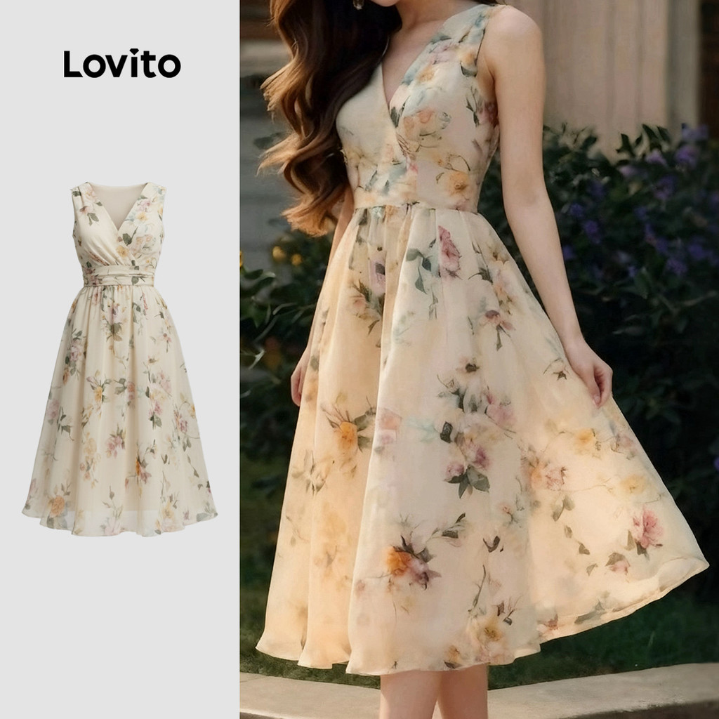 Lovito Vestido Boho Plissado com Zíper Vestido Primavera/verão para Mulheres LK3ED607 em Oferta na Shopee