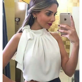 Blusa Regata Feminina Gola Alta Laço Pescoço Crepe Moda Evangelica em Oferta na Shopee