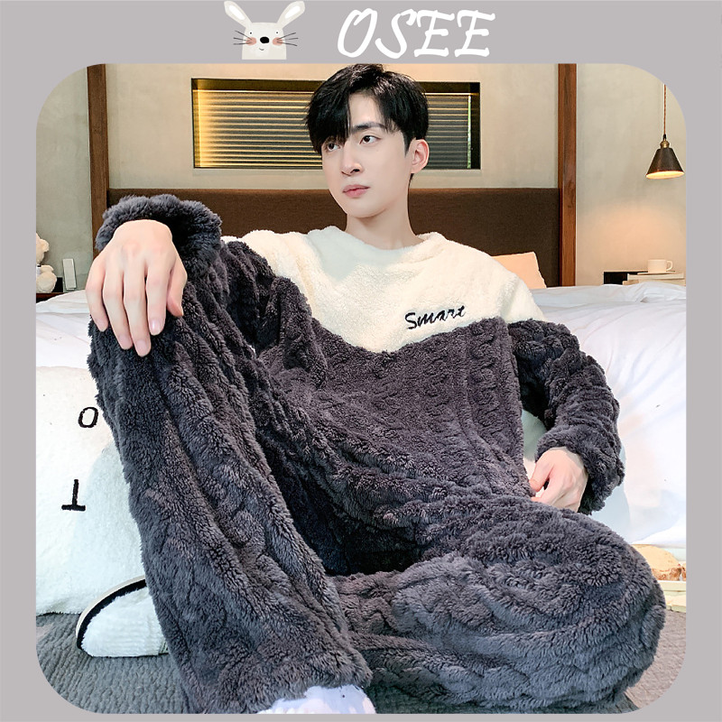 [Osee] Pijamas Masculinos de Inverno em Coral Fleece, Forrado com Fleece Grosso, Conjunto de Loungewear Quente, Pulôver