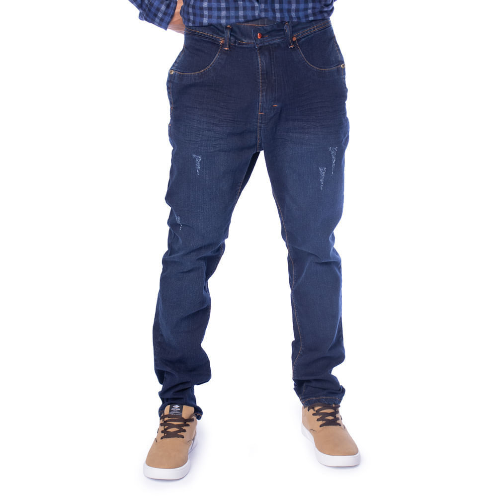 Calça Jeans Masculina Karma&Co Skinny Puídos Azul Escuro