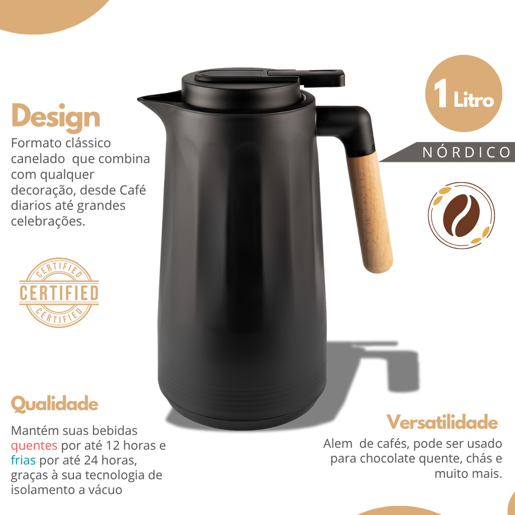 Garrafa Térmica Nódica 1 Litro Sotto Para Chá Café Design Moderno Cabo Madeira · foto 2
