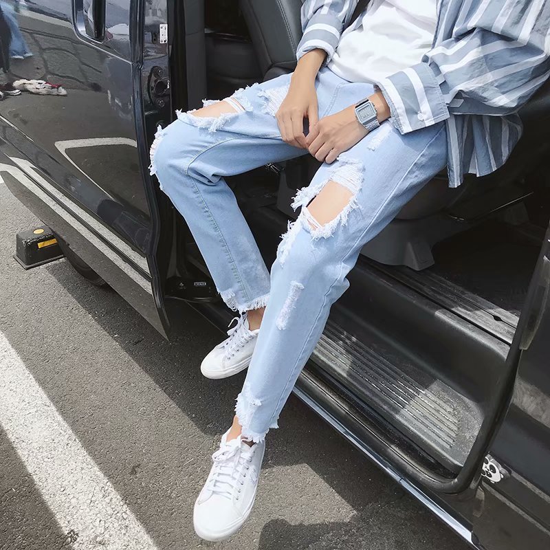 Calça Jeans rasgada desgastada masculina, roupa de rua 202, verão, reta, solta, perna larga, tornozelo, perna arranhada,