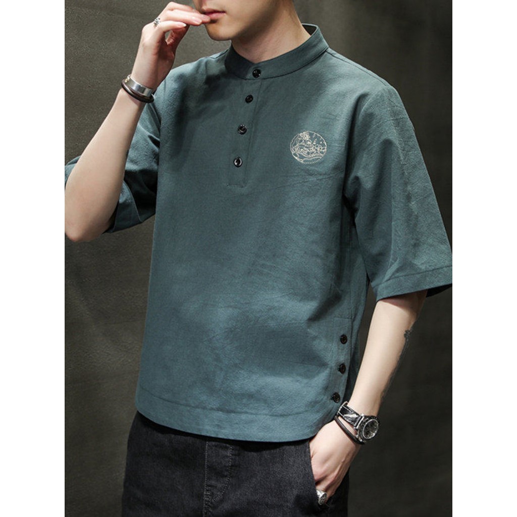 Camiseta masculina de manga curta verão algodão linho bordado topo masculino estilo chinês Street Wear roupas masculinas