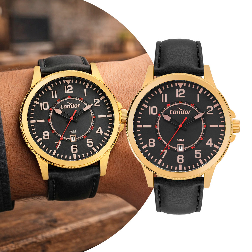 Relógio Analógico Masculino Preto e Dourado com Caixa de Aço Inoxidável e Pulseira de Couro Luxo Elegante Condor