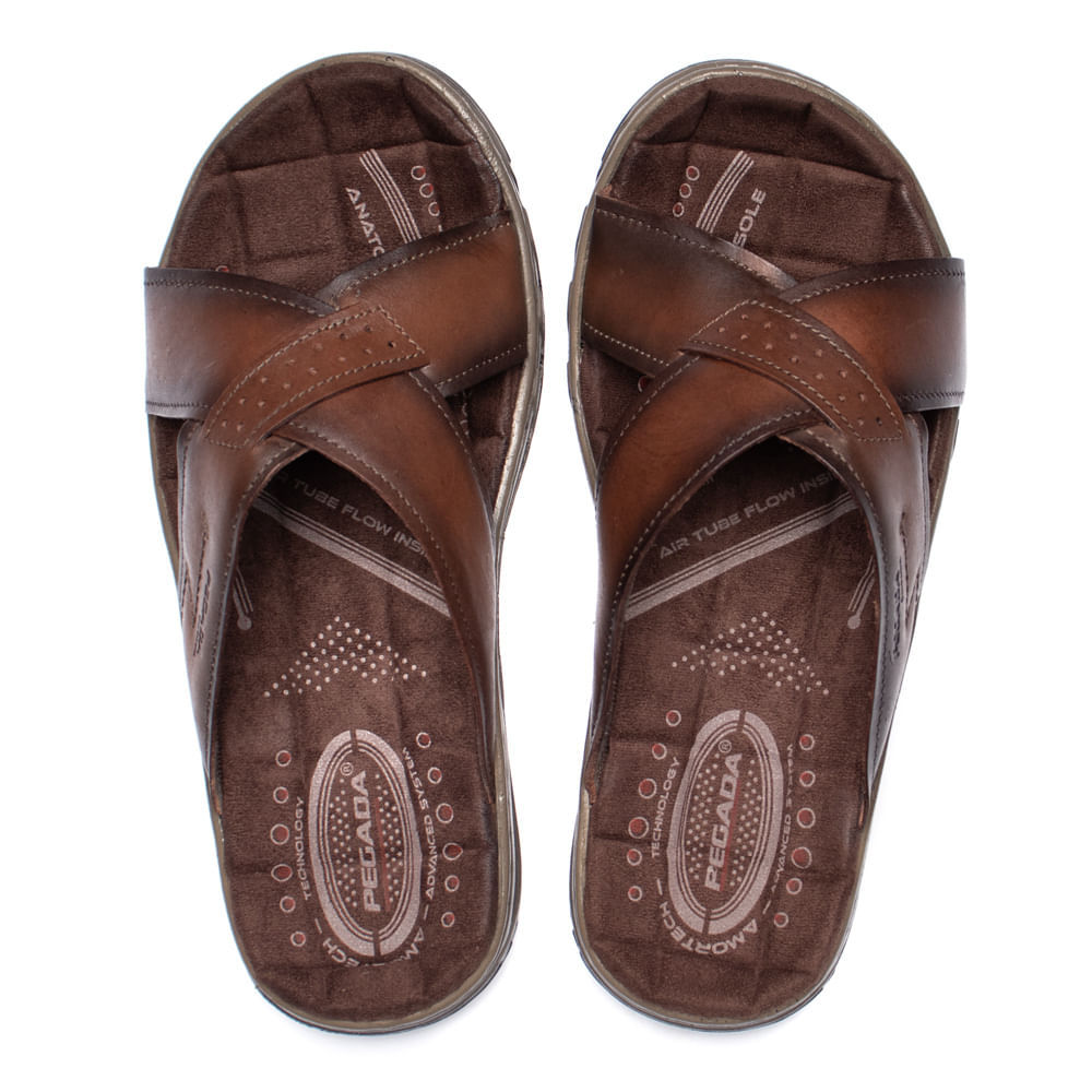 Chinelo Slide Masculino Pegada em Couro Marrom