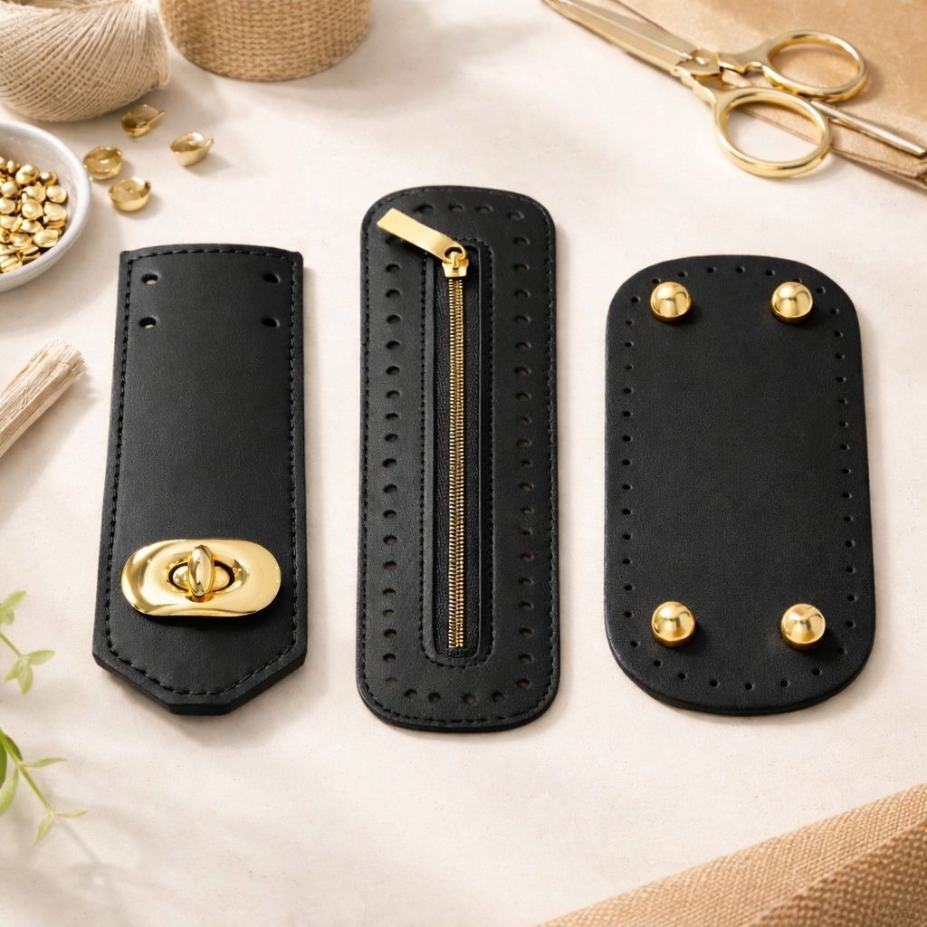 Kit 3 Itens Para Bolsas Crochê Artesanato 25x10 com Zíper Fundo Pezinho e Lapela Fecho Luxo