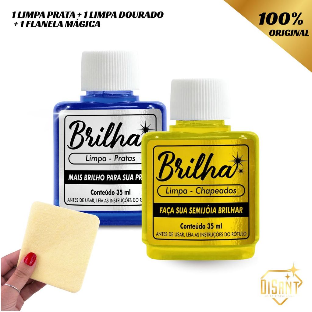 Kit Limpa Joias Frasco 35ml Limpa Pratas/Ouro + Flanela Mágica Polidora Tira Mancha Oxidação