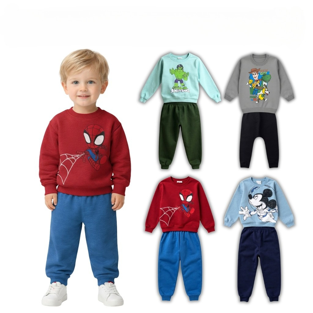 Kit 4 Peças Conjunto Moletom Infantil Menino Bebê Masculino Frio Inverno Personagens Mickey Homem Aranha Hulk