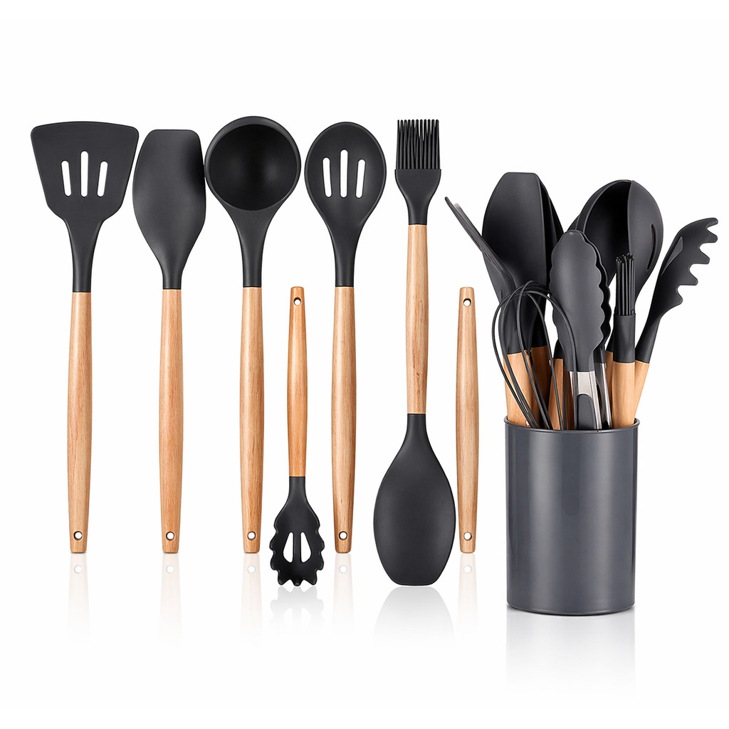 Kit Utensílios De Cozinha Silicone 12 Peças Com Suporte Organizador Resistente Ao Calor Livre De BPA