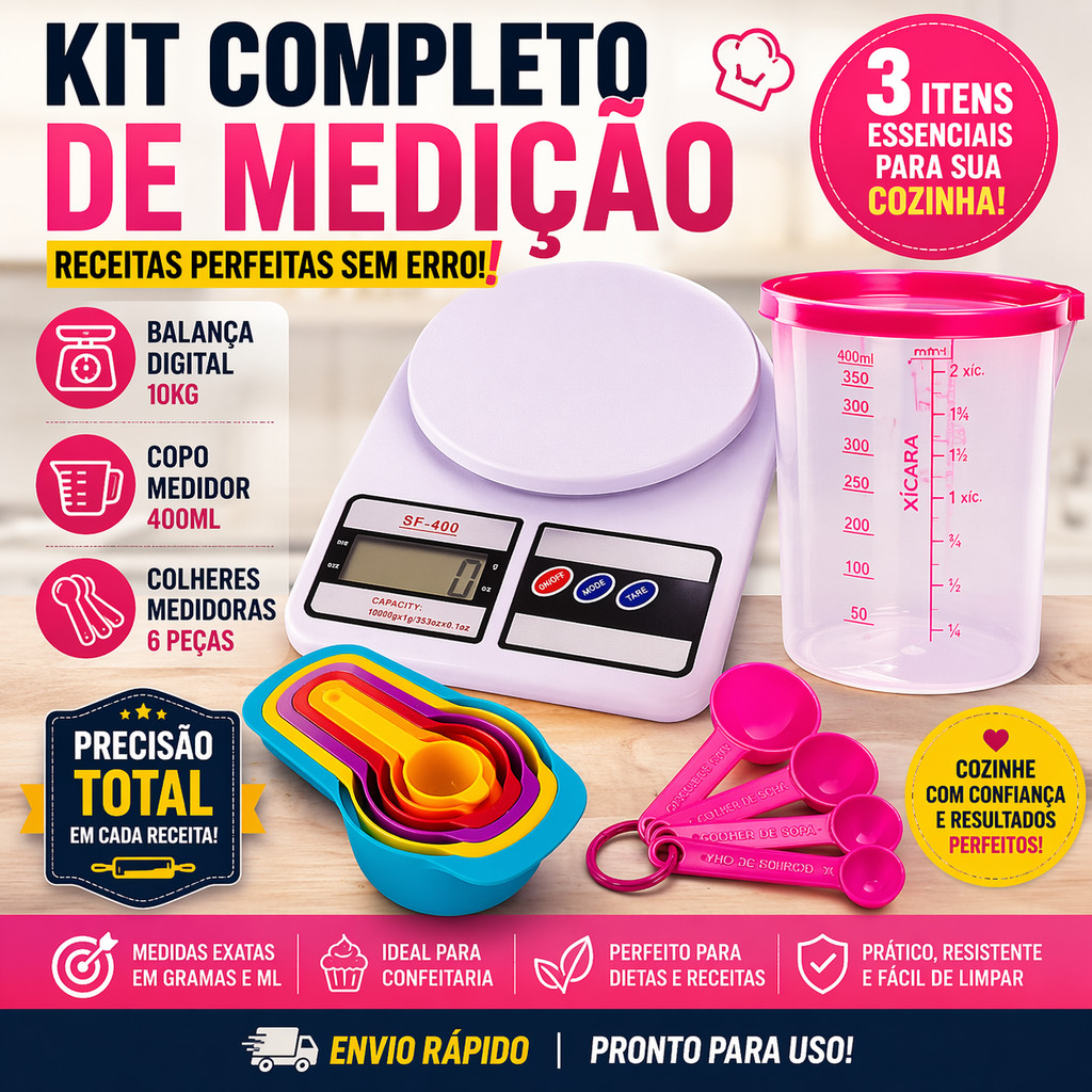 Kit Balança Digital 10kg + Copo Medidor + Colheres Medidoras | Precisão para Receitas e Dieta