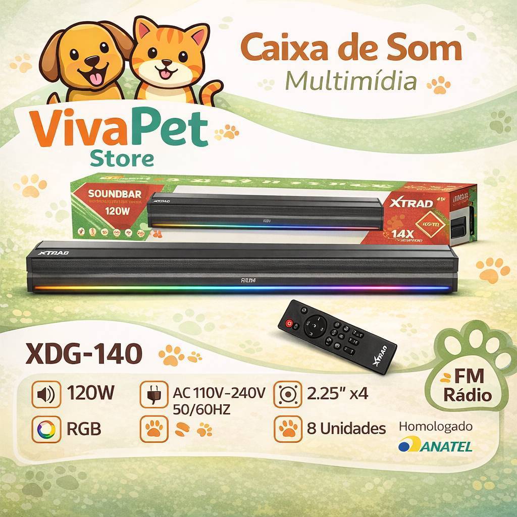 Caixa de Som Soundbar Bluetooth 120W XDG-140 com RGB FM USB AUX para TV e PC com Controle Remoto