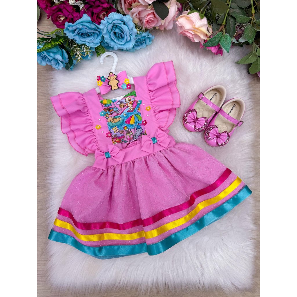 Vestido Romper Bebê Menina Tule com Brilho + Laço Cabelo Roupa Mesversário- Tema Bobby Goods