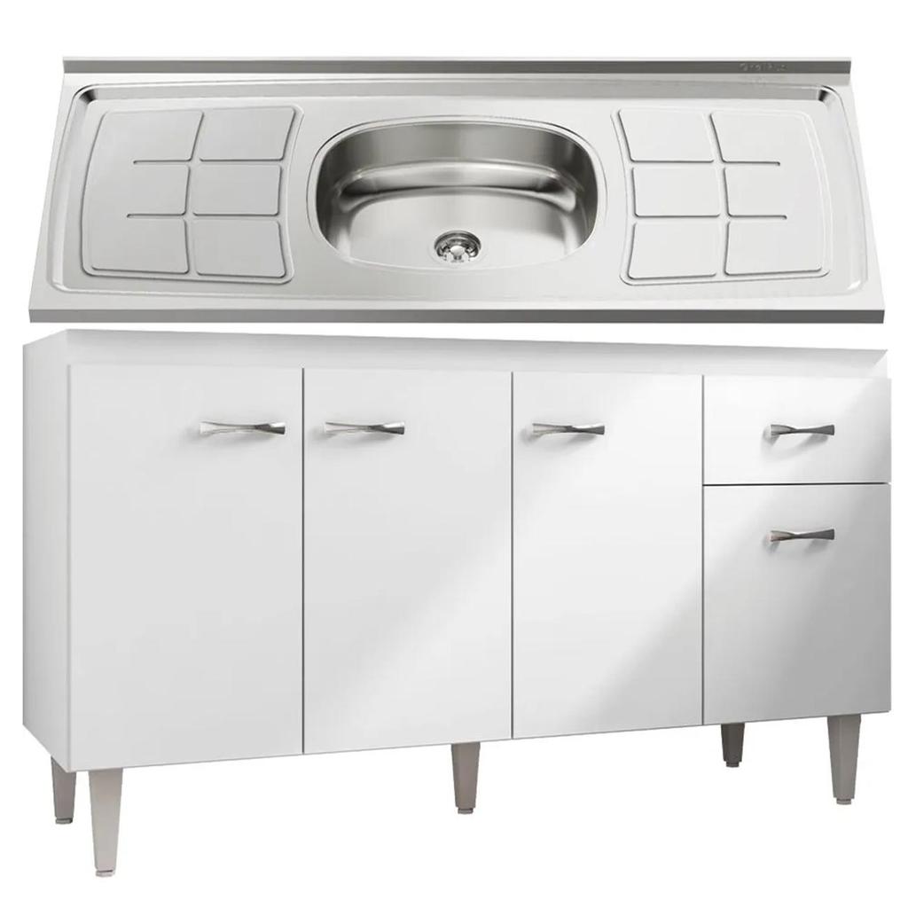 Balcão Gabinete Com Pia Inox 150cm 4 Portas Gabriela Branco/Preto - AJL Móveis · foto 2