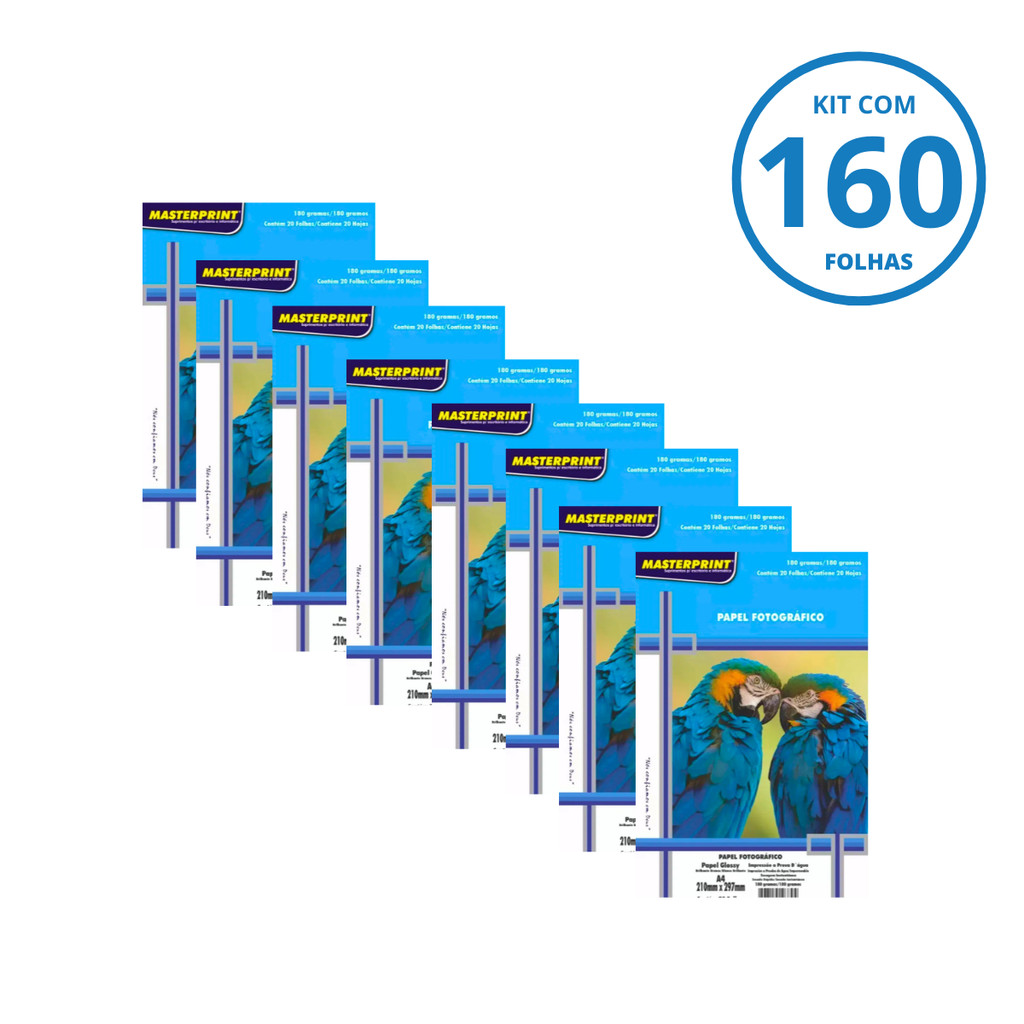 Kit 160 Folhas de Papel Fotográfico A4 Sem adesivo 180g Brilhante-8 Pacotes c/ 2