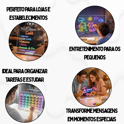 Lousa Led Mágica Infantil Desenho para Colorir Grande com Suporte + 7 Canetas Tam 30x20cm