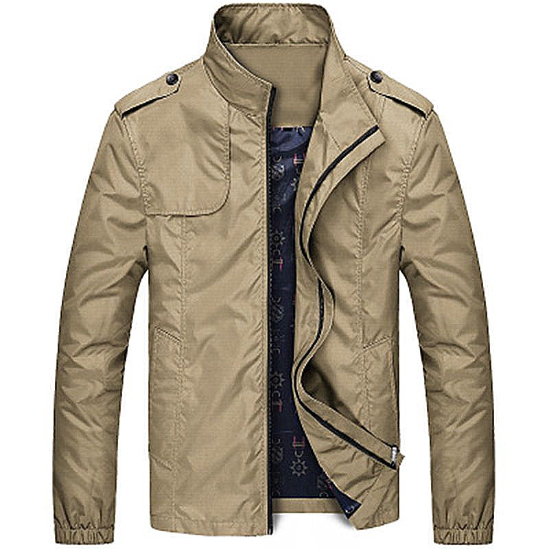 Jaqueta Masculina Slim Fit Marrom com Zíper, Leve, Casual, para Primavera e Outono, Casaco Juvenil de Cor Sólida com Bol