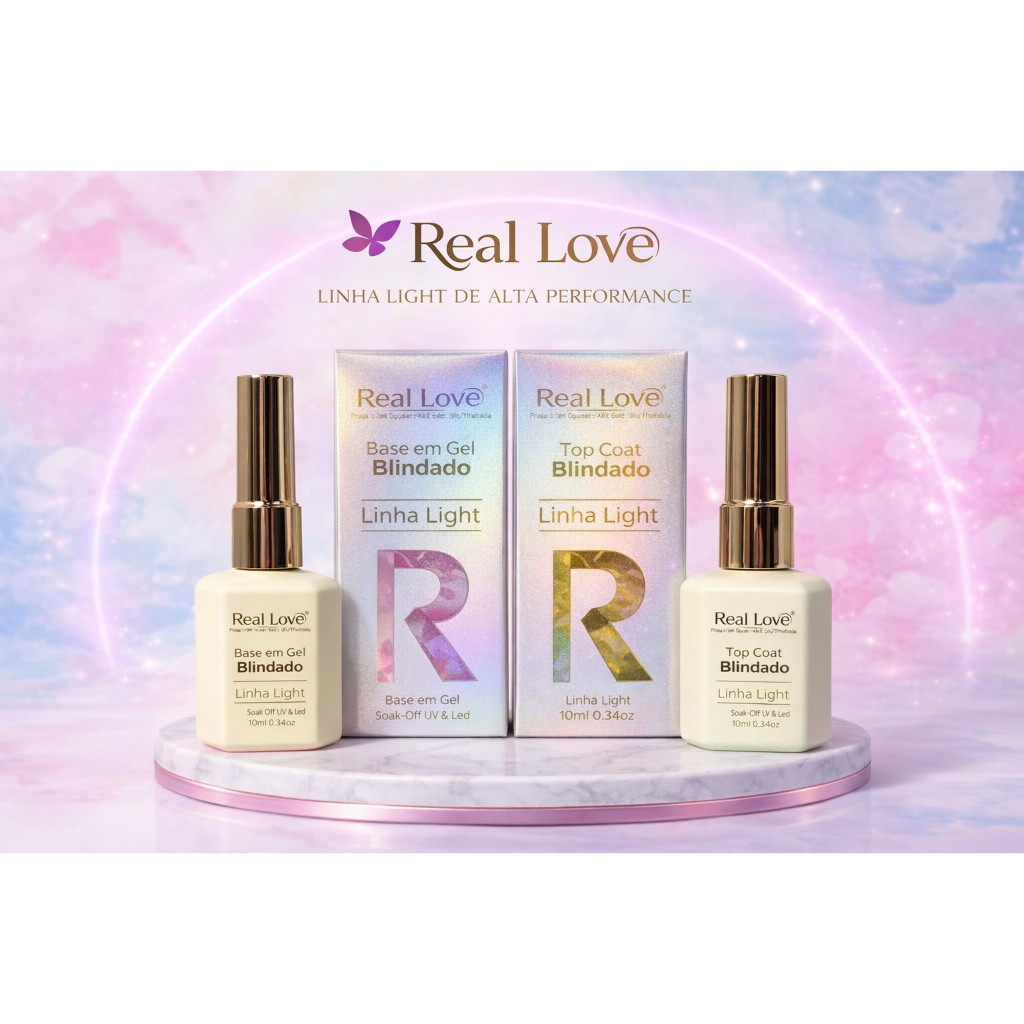 Kit Blindagem Real Love Linha Light Base em Gel Top Coat Blindado Facíl Limpeza e Não Risca