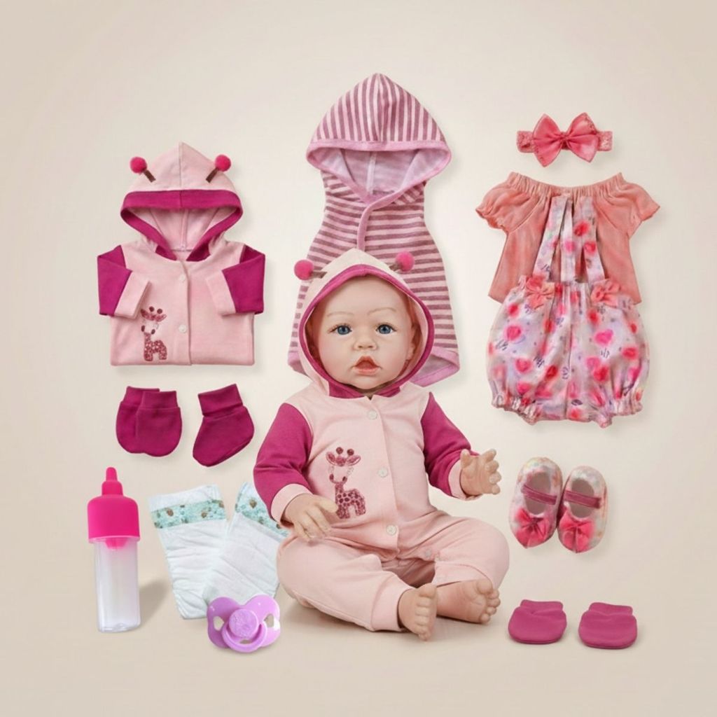 Boneca Bebe Reborn Menina Pode Dar Banho Mamae Reborn + Fraldas e Roupinhas - 55cm!