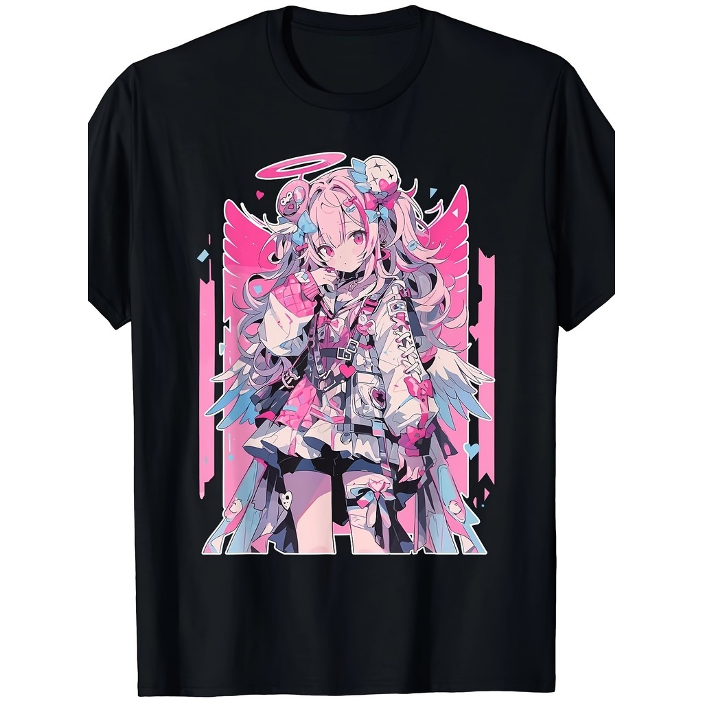 Camiseta Feminina Anime Angelical Estampa Rosa Preto Confortável Fofa Leve Primavera Verão