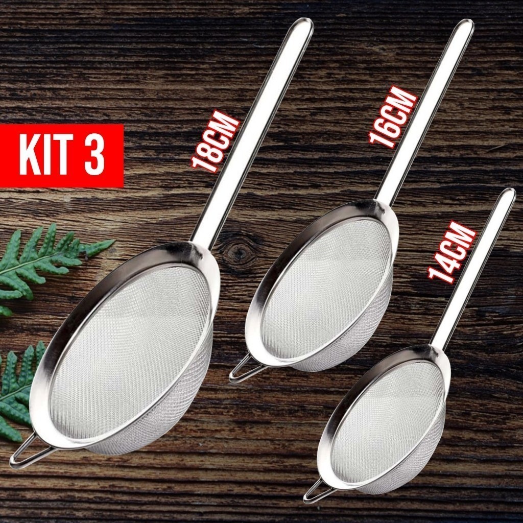 Kit 3 Peneira Coador de Aço Inoxidável Utensílios de Cozinha Peneiras de 3 Tamanhos