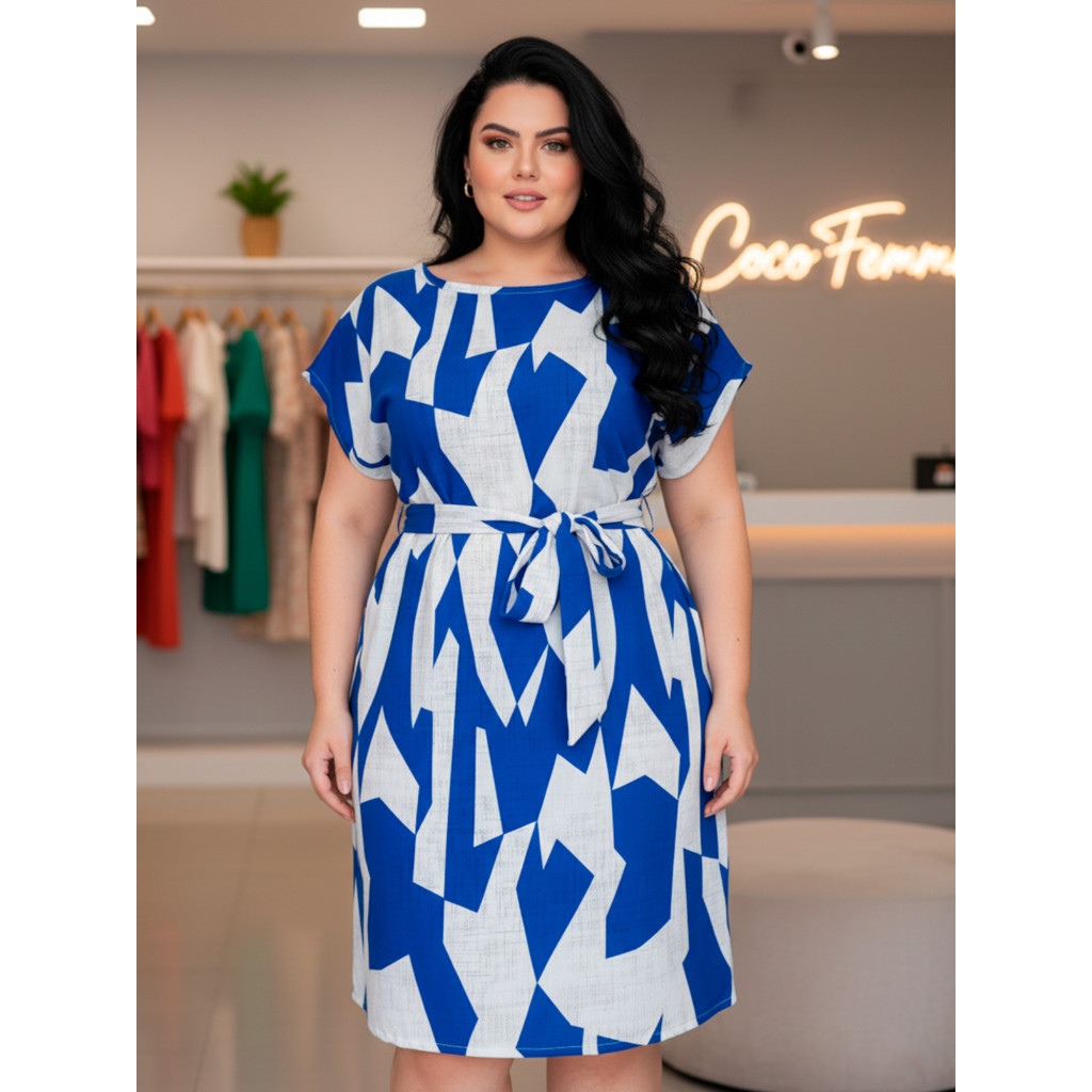 Vestido Curto Plus Size Estampado Azul Royal Crepinho – RECEBA HOJE – Soltinho com Cinto –M ao G3(Veste 56) – Coco Femme em Oferta na Shopee