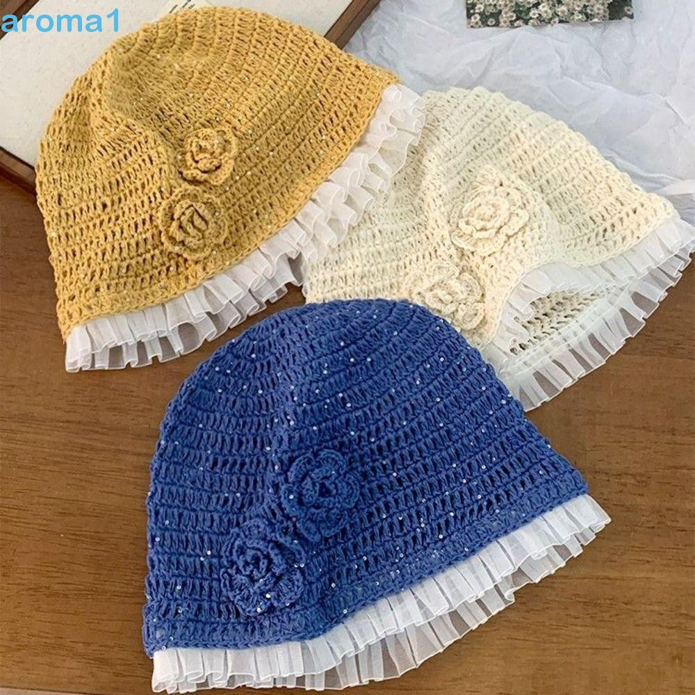 Chapéu De Flor De Crochê AROMA1 , Gorros De Renda Vazados Com Brilho Brilhante , Boné Coreano Feito À Mão Glitter