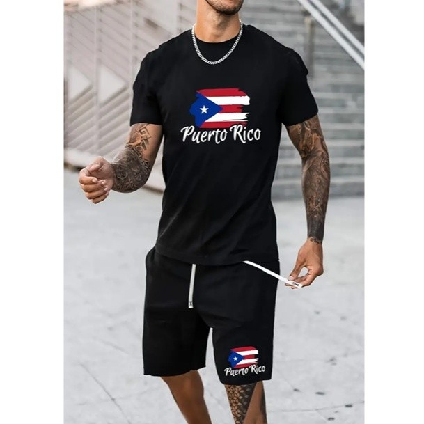 CONJUNTO KIT CAMISETA BASICA E BERMUDA TECTEL  COM ESTAMPA PORTO RICO
