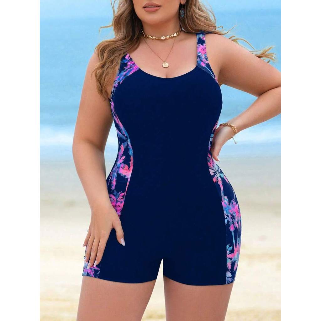 Swim Lushoire Plus Size Feminino Coqueiro Estampado Maiô De Uma Peça , Frente Única Lisa , Costas Nuas , Cintura Cinched em Oferta na Shopee