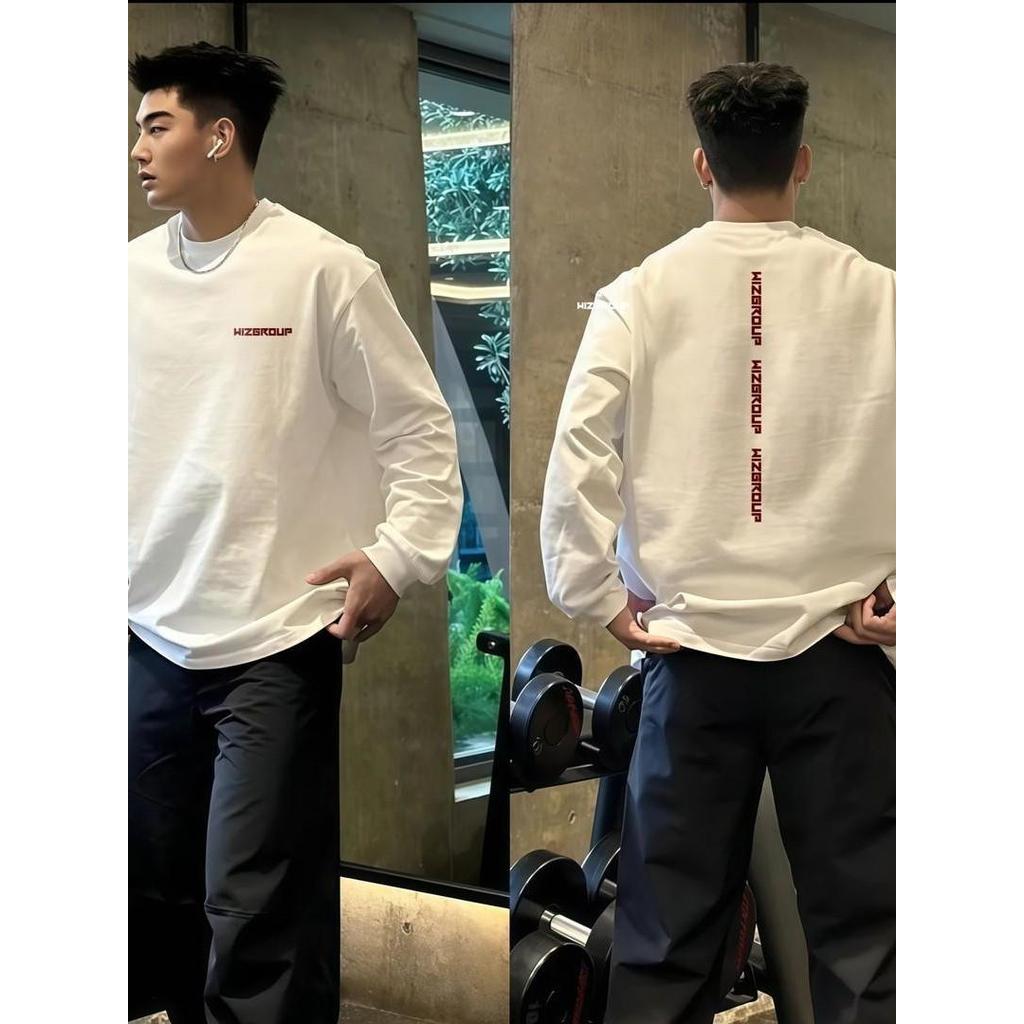 Camiseta masculina de manga comprida de algodão pesado 2025 novos homens primavera outono puro algodão esportes camiseta