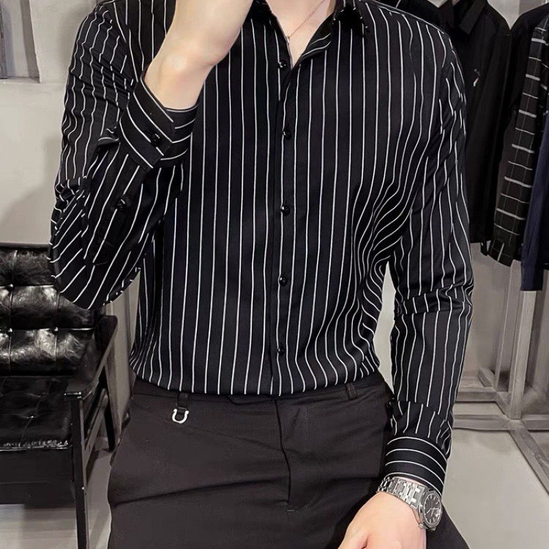 Primavera verão masculino Wear não-ferro listrado camisa de manga comprida versão coreana na moda bonito All-match camis