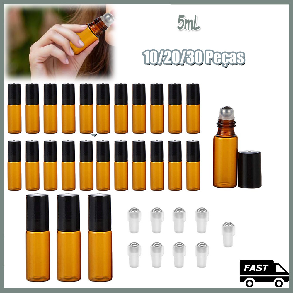 10-30pçs frascos de rolo de óleo essencial de vidro de massagem para amostras de perfumes 5ml Tampa de Preto plástico