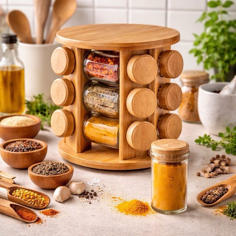 Porta Tempero Giratório 12 Potes Bambu Vidro Organizador Cozinha 360° Cozinha Moderna