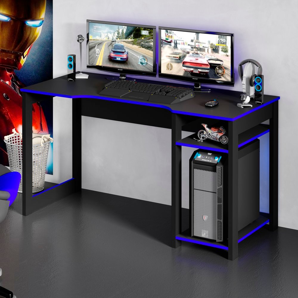 Mesa Gamer 136cm com 2 Prateleiras e Porta CPU Preto/Azul