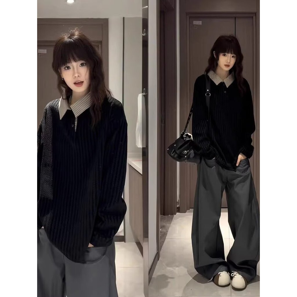 Estilo de dinheiro antigo Houndstooth retalhos forro de lã moletom feminino masculino inverno solto Bottoming camiseta p