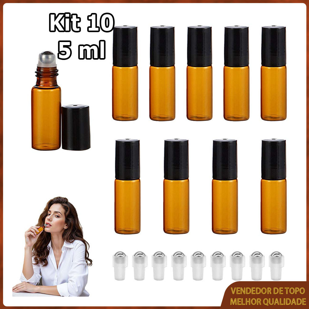 Kit 10 5ml Frasco roll-on para óleos essenciais vidro âmbar com tampa de plástico preta para óleos essenciais e perfumes