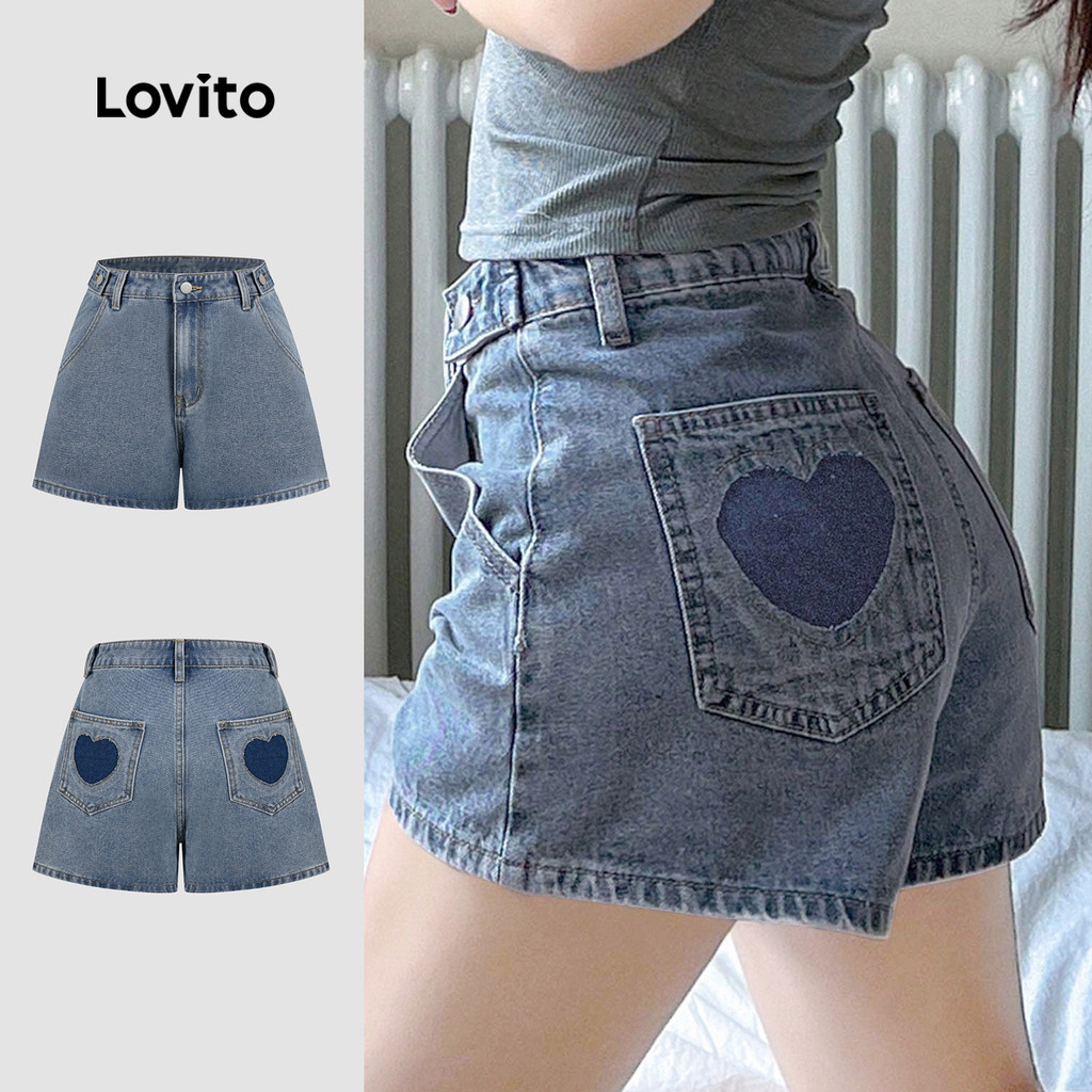 Lovito Shorts de Ganga Casual com Bolso Lavagem de Primavera/verão Azul L183ED04
