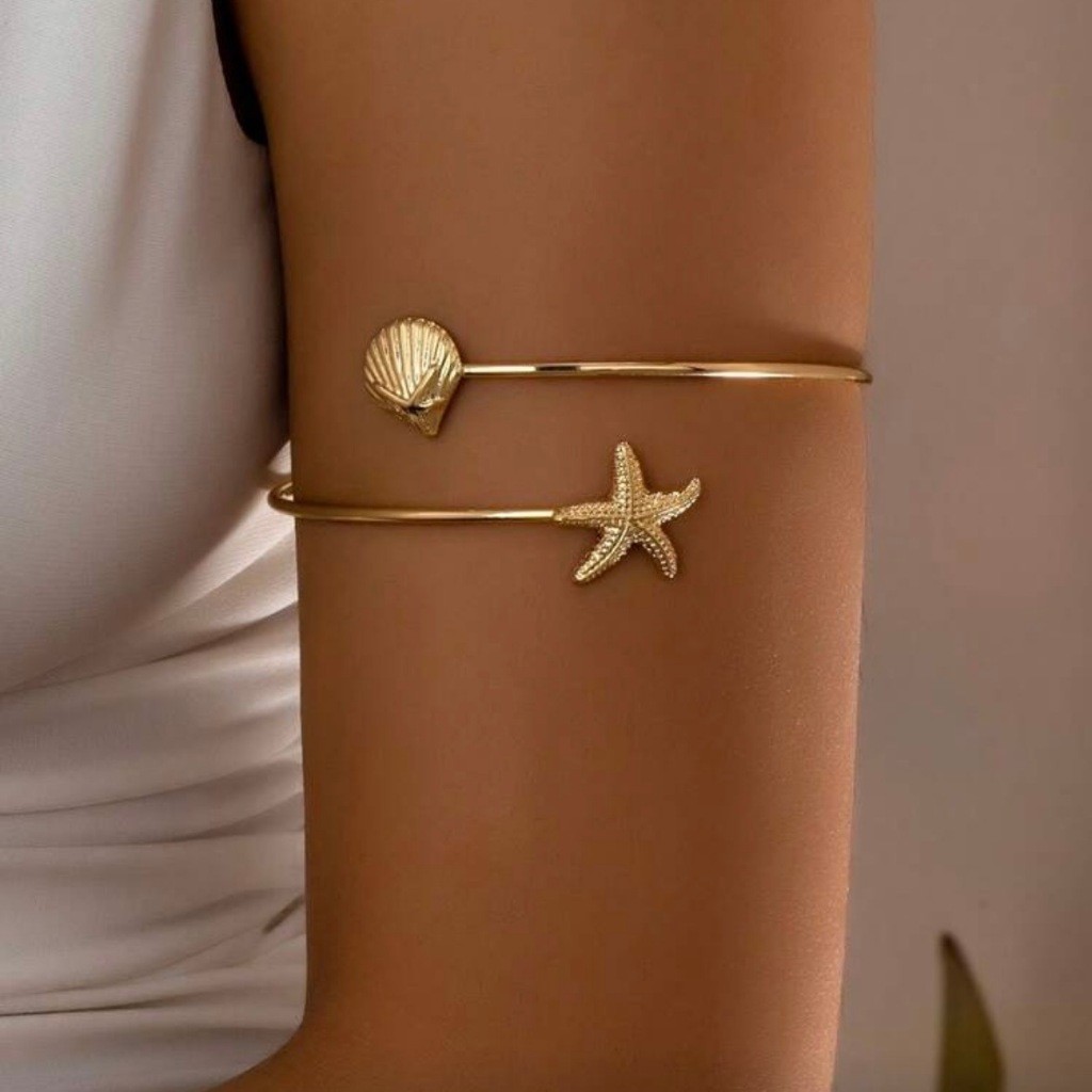 Bracelete feminino estrela mar e concha tema oceano ajustável estilo praia banhado Ouro 18K e Prata925