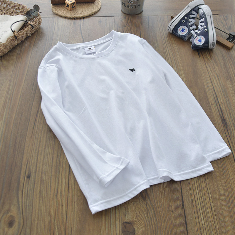 Meninos grandes crianças puro algodão solto branco manga comprida camiseta crianças All-Match em torno do pescoço Casual