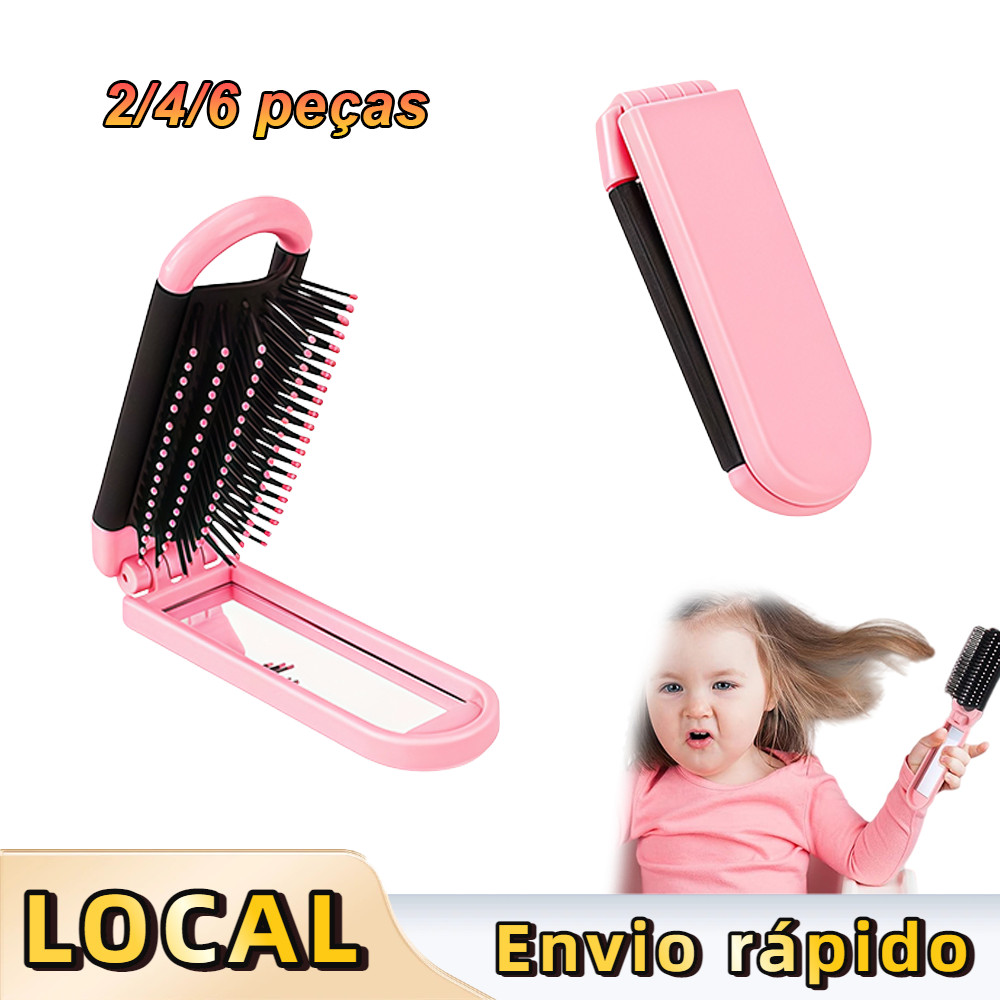 2/4/6 Peças Mini Escova de Cabelo Dobrável com Espelho Rosa – Formato Retangular, Leve, Antiestática, para Presente