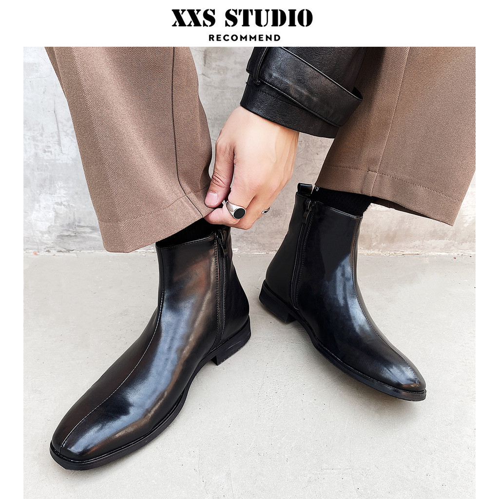 Muyin Gigante Fácil de Usar Olhar Mais Magro High-End ~ Versão Coreana ins Trendy Square Toe Botas Curtas Masculinas Fle