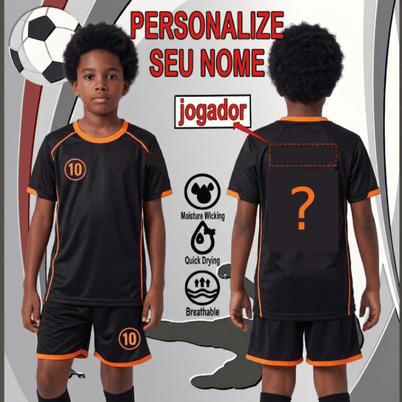 Conjunto Futebol Infantil Masculino Camisa Preto com Laranja Short Treino Dia a Dia A PRONTA-ENTREGA