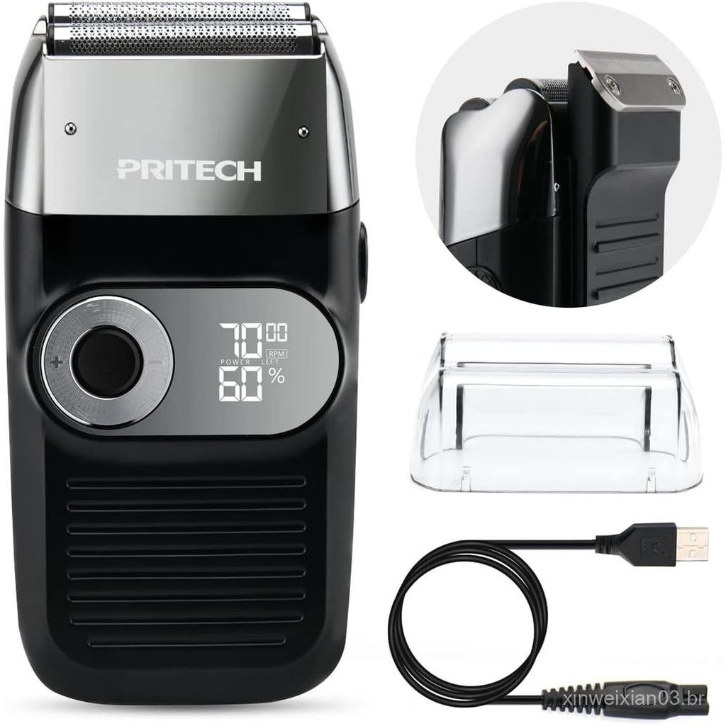 PRITECH Barbeador Elétrico 2 em 1 para Homens com Lâmina de Folha e Aparador Retrátil, Recarregável, 3 Velocidades Ajust