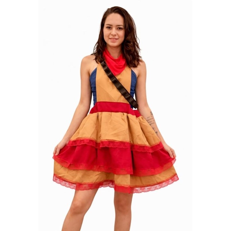 Fantasia da Maria Bonita, kit jardineira com lenço e passa bala, Jardineira Cangaceira, Roupa Junina feminina