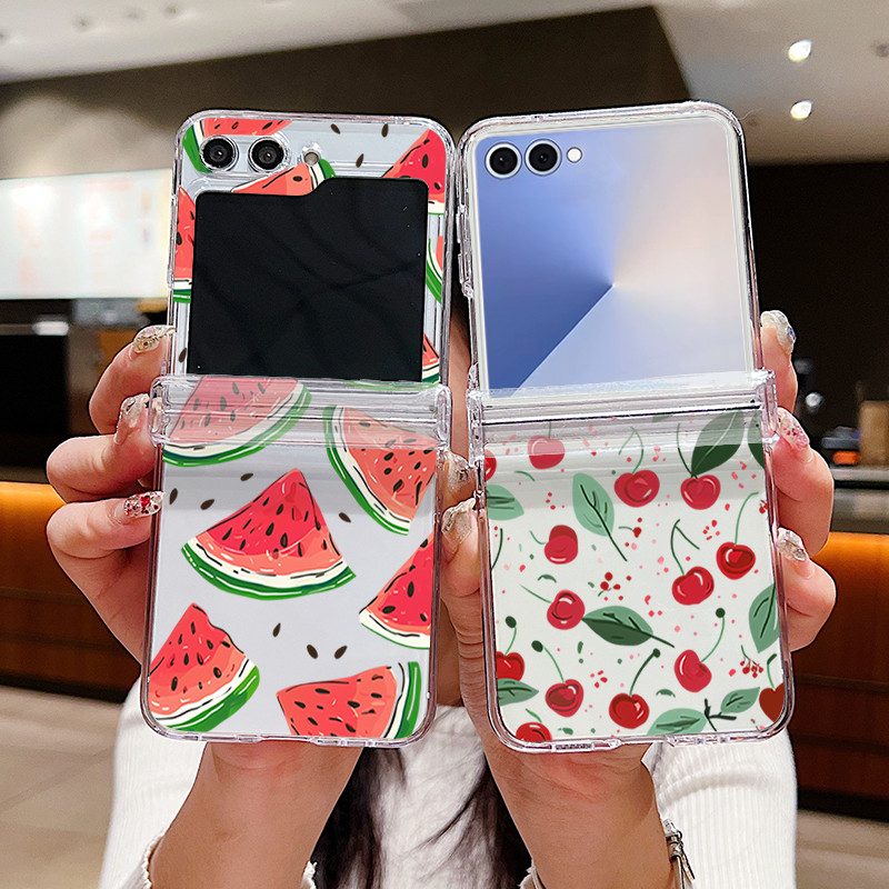 Capa Para Samsung Galaxy Z Flip7 Flip6 Flip5 Flip7FE 5G Cereja Melancia Limão Duro PC Transparente Dobrável De Telefone