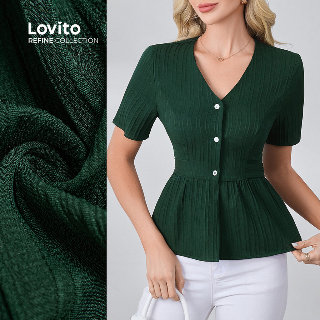 (Lovito Refine) Blusa Elegante Botão Frontal Amarrar Nas Costas Primavera/verão Blusa Verde para mulheres LR26L077 em Oferta na Shopee