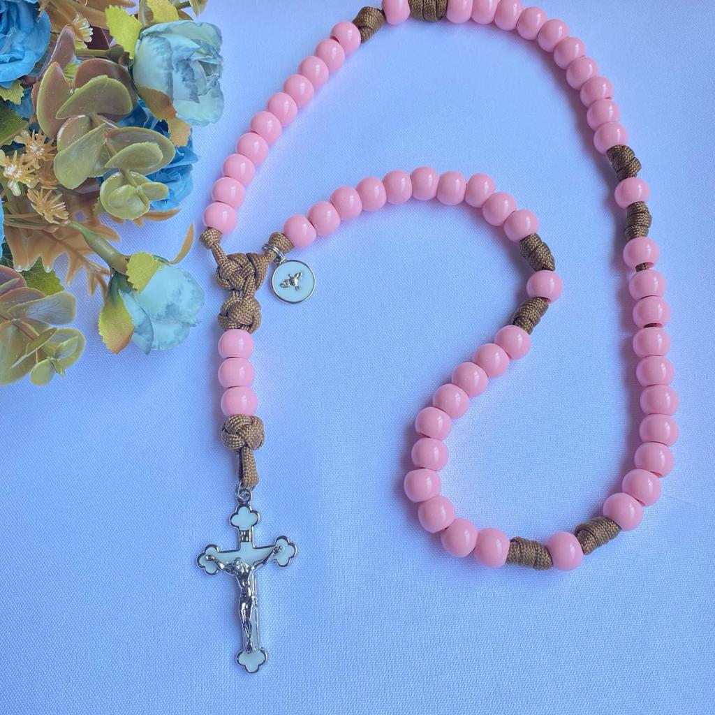 Terço de Paracord 550 Bege Medalha Espírito Santo conta Rosa