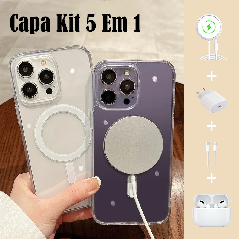 2026 Kit MagSafe 5 em 1 para iPhone 11-16 Pro - Capa Cabo Dados Carregador Sem Fio Rápido AirPods 3 Estoque Envio SP